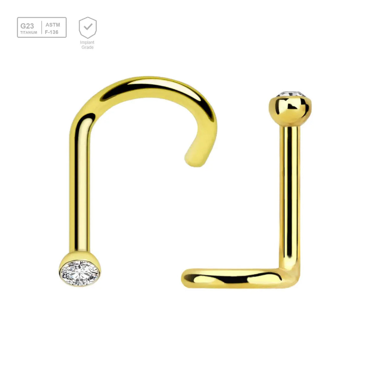 Pack of 5 PVD plated Titanium G23 nose screws with 2mm rounded top with bezel set crystal, thickness 1mm