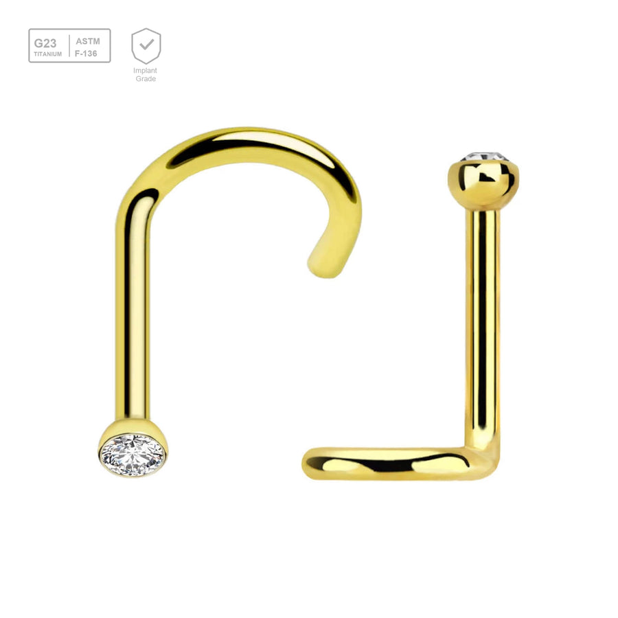 Pack of 10 PVD plated Titanium G23 nose screws with 2mm rounded top with bezel set crystal, thickness 1mm - G23 ASTM F-136 implant grade titanium body jewelry