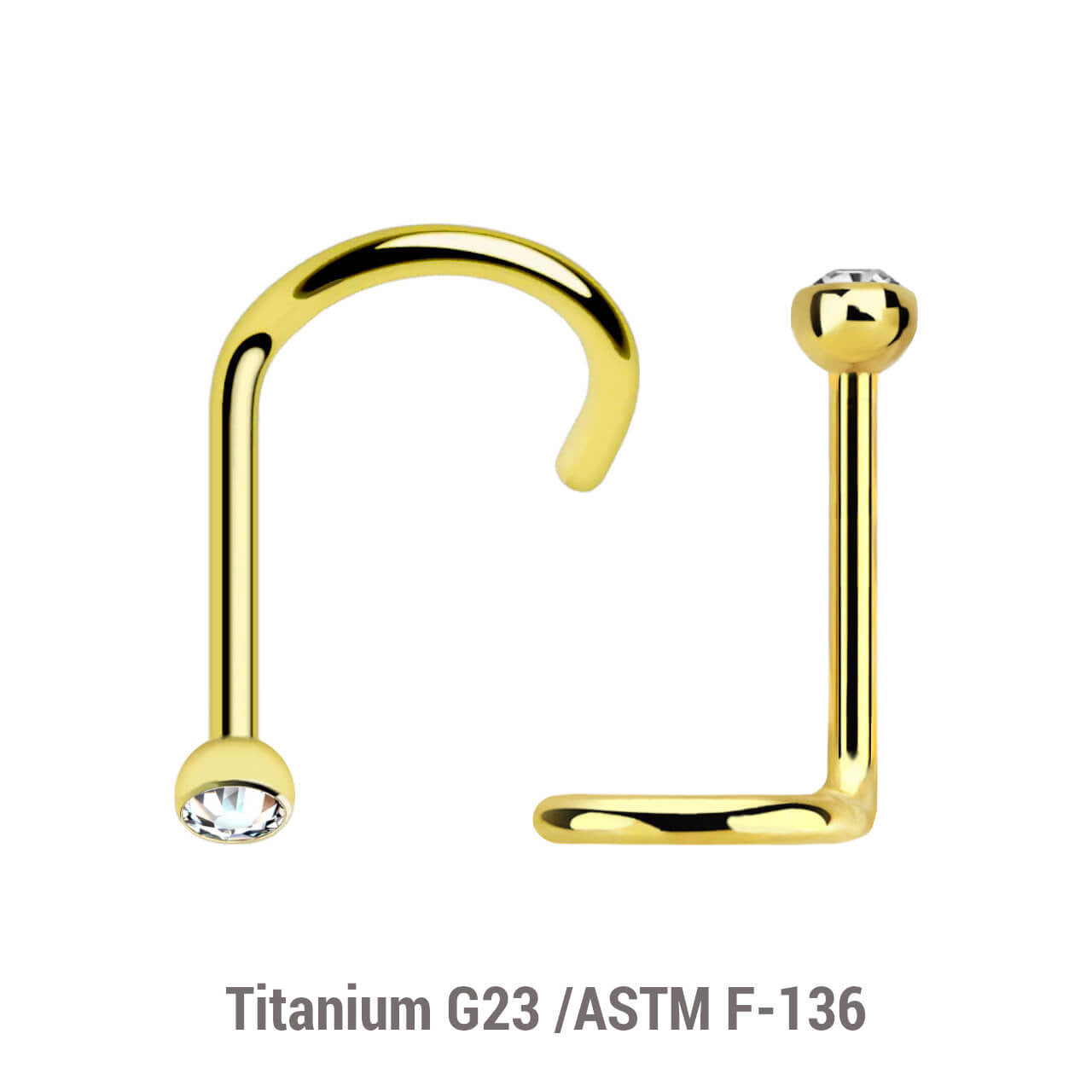 Pack of 10 PVD plated Titanium G23 nose screws with 2mm rounded top with bezel set crystal, thickness 0.8mm