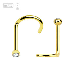 Pack of 10 PVD plated Titanium G23 nose screws with 2mm rounded top with bezel set crystal, thickness 0.8mm - G23 ASTM F-136 implant grade titanium body jewelry