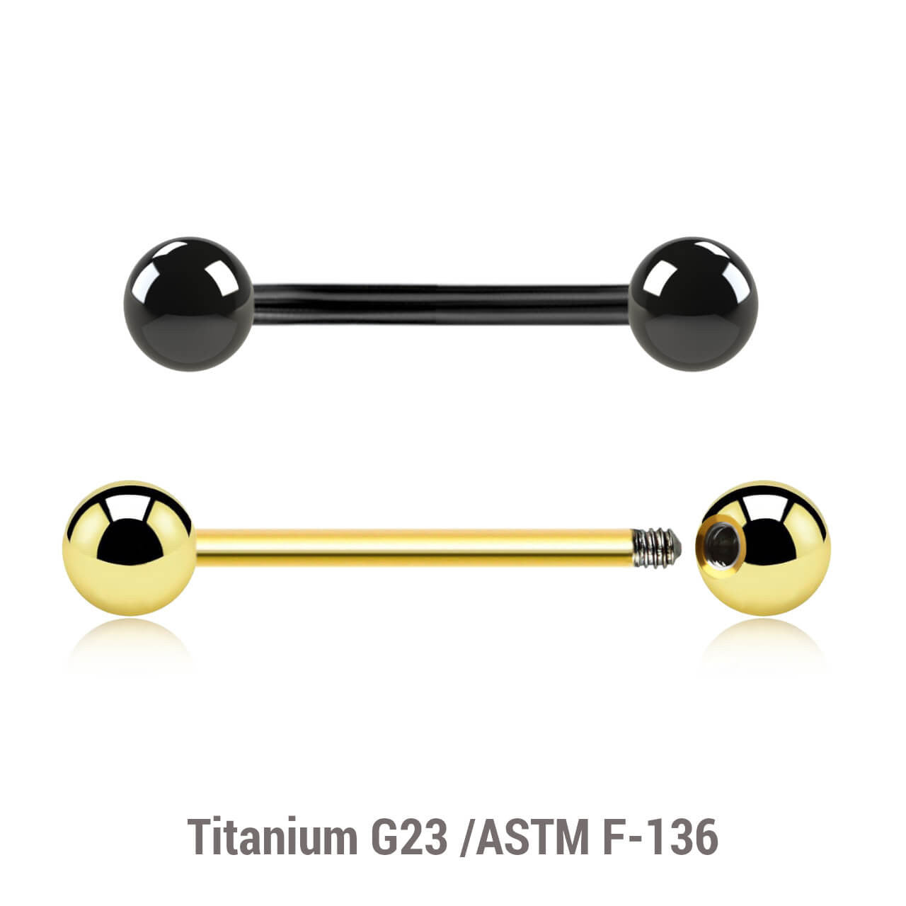 Pack of 10 PVD plated Titanium G23 tongue barbells, Thickness 1.6mm, Ball size 5mm