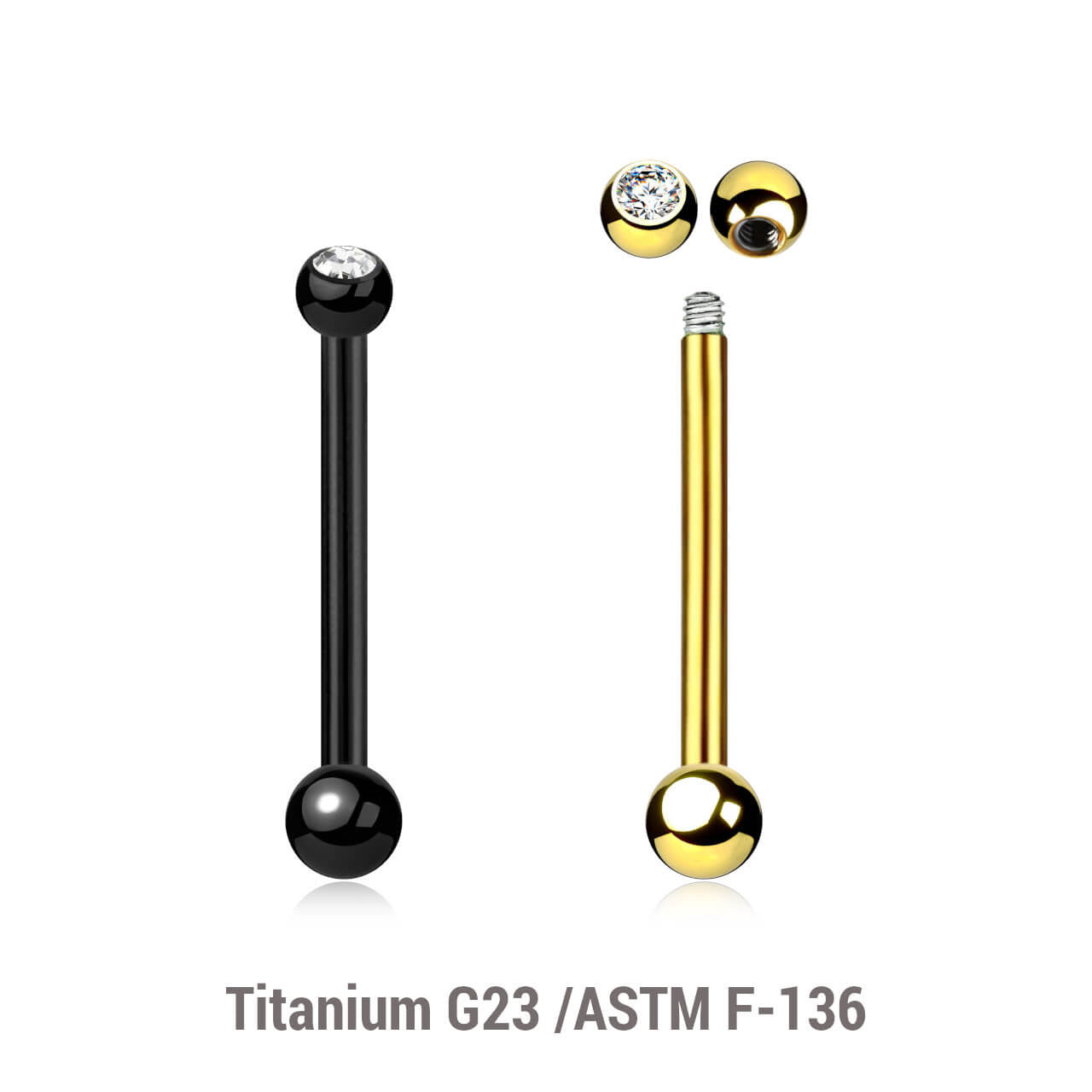 Pack of 5 Titanium tragus barbells, Thickness 1.2mm, with a top 2.5mm bezel set crystal ball and a lower 3mm plain ball