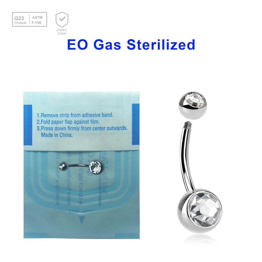 Sterilized body piercing pack of 10 titanium G23 belly bananas, Thickness 1.6mm, with 5 mm + 8 mm bezel set crystal balls - G23 ASTM F-136 implant grade titanium body jewelry