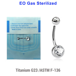 Sterilized body piercing pack of 10 titanium G23 belly bananas, Thickness 1.6mm, with 5 mm + 8 mm bezel set crystal balls