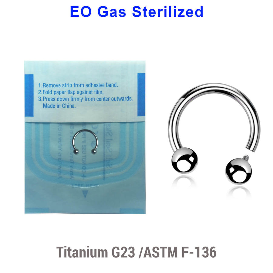 Sterilized body piercing assortment of 10 high polished titanium internally threaded circular barbells, Thickness 1.2mm, Ball size 3mm
