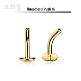 Pack of 5 threadless Gold PVD plated titanium curved labret post with convex base - G23 ASTM F-136 implant grade titanium body jewelry