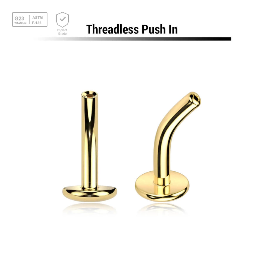 Pack of 5 threadless Gold PVD plated titanium curved labret post with convex base - G23 ASTM F-136 implant grade titanium body jewelry