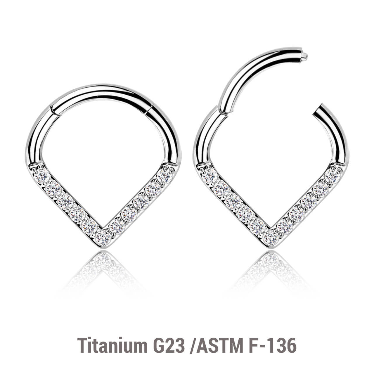 Pack of 3 Titanium hinged segment rings in chevron shape with CZ studded front, Thickness 1.2mm