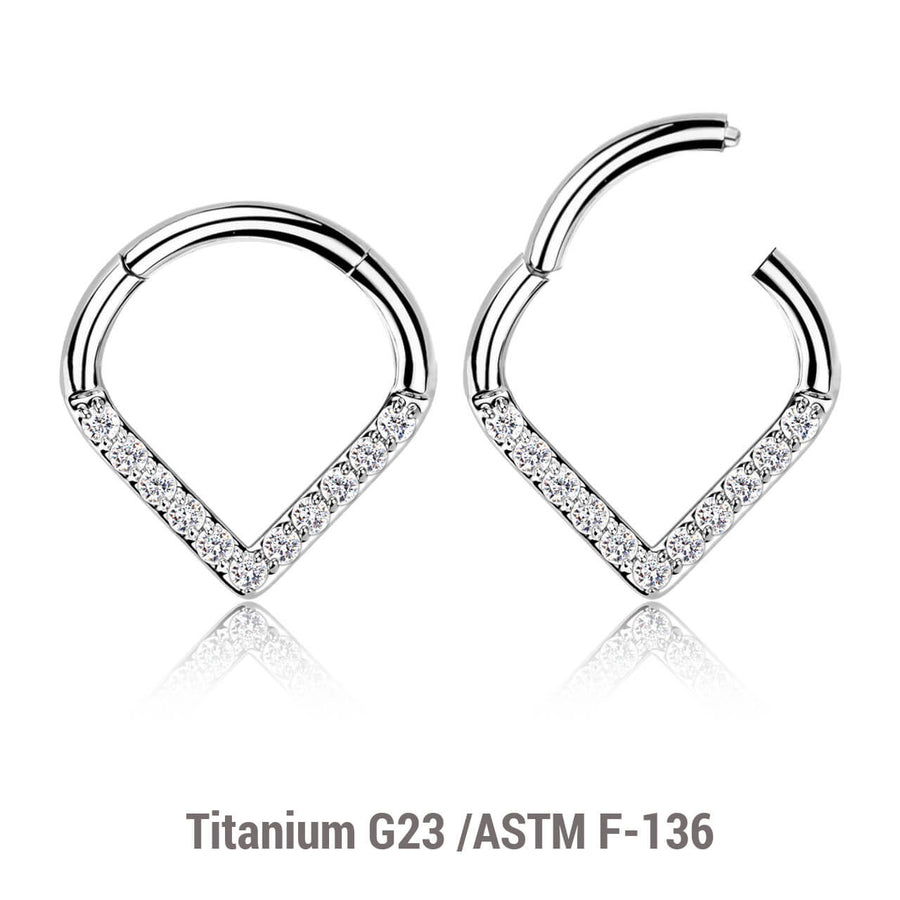 Pack of 3 Titanium hinged segment rings in chevron shape with CZ studded front, Thickness 1.2mm