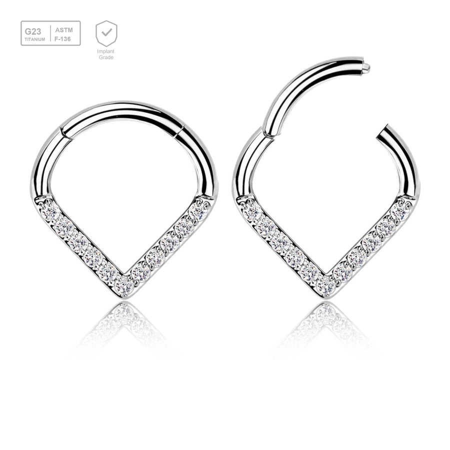 Pack of 3 Titanium hinged segment rings in chevron shape with CZ studded front, Thickness 1.2mm - G23 ASTM F-136 implant grade titanium body jewelry