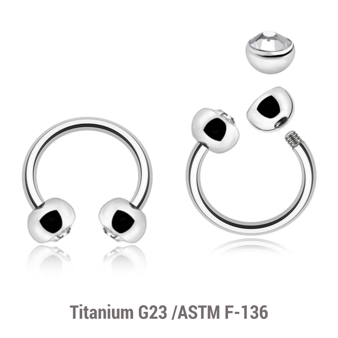 Pack of 10 Titanium circular barbells, Thickness 1.2mm, with two 4mm half balls with a bezel set crystal