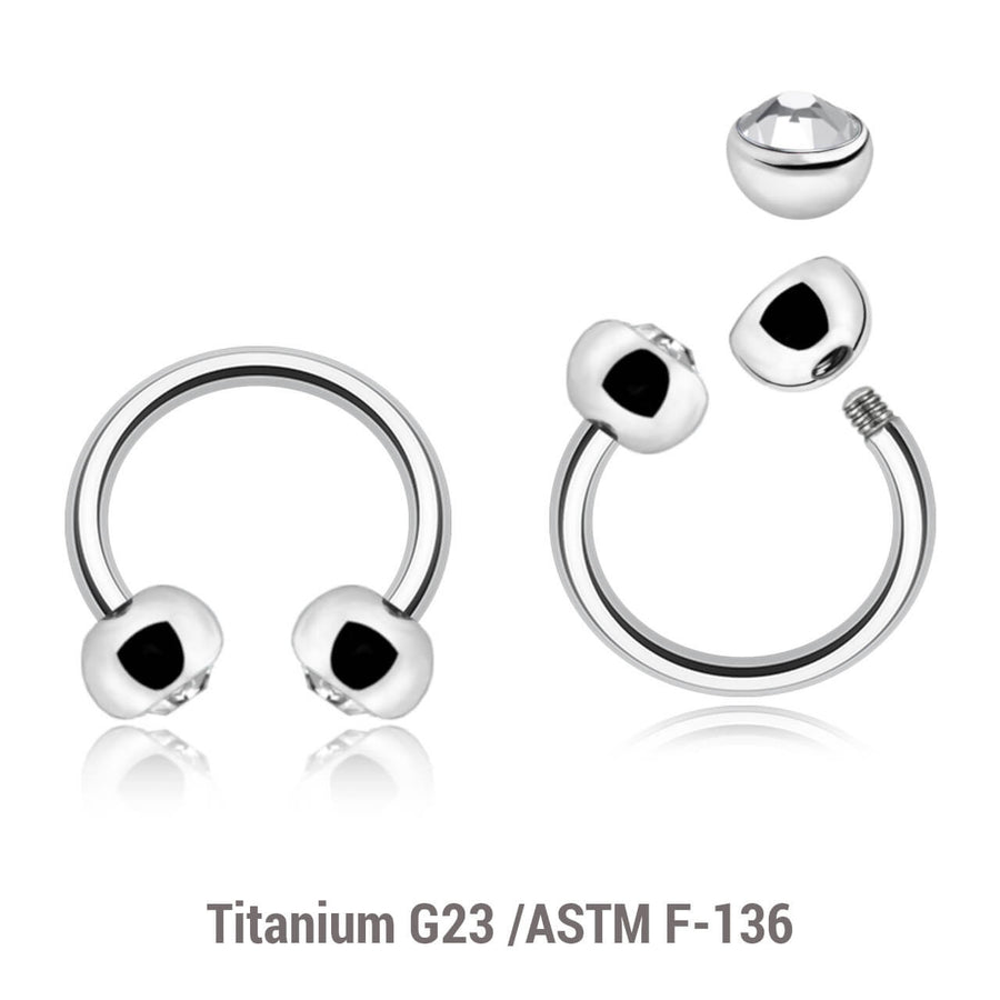 Pack of 10 Titanium circular barbells, Thickness 1.2mm, with two 4mm half balls with a bezel set crystal