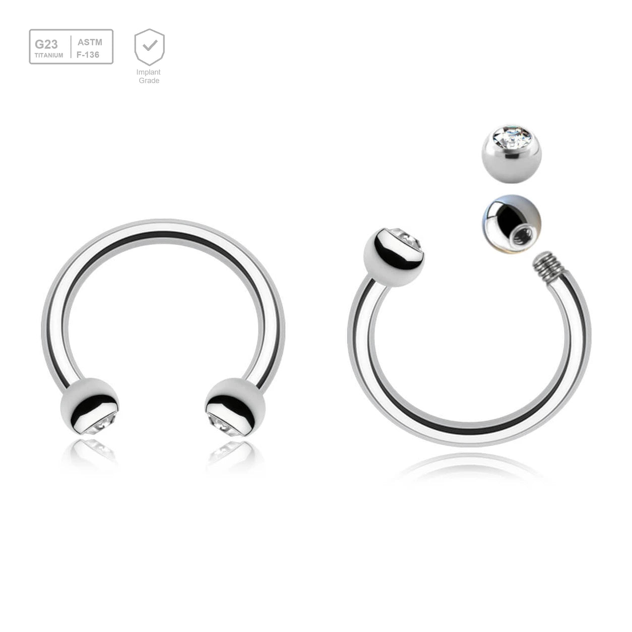 Pack of 10 Titanium circular barbells, Thickness 1.2mm, with two 2.5mm bezel set crystal balls - G23 ASTM F-136 implant grade titanium body jewelry