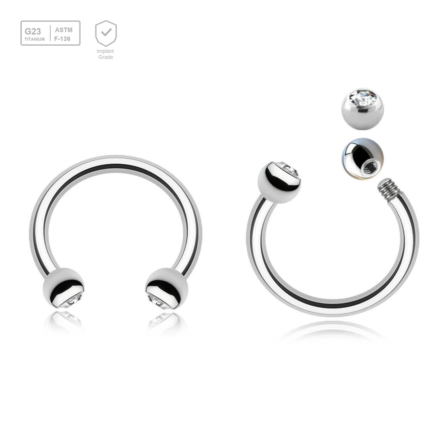 Pack of 10 Titanium circular barbells, Thickness 1.2mm, with two 2.5mm bezel set crystal balls - G23 ASTM F-136 implant grade titanium body jewelry