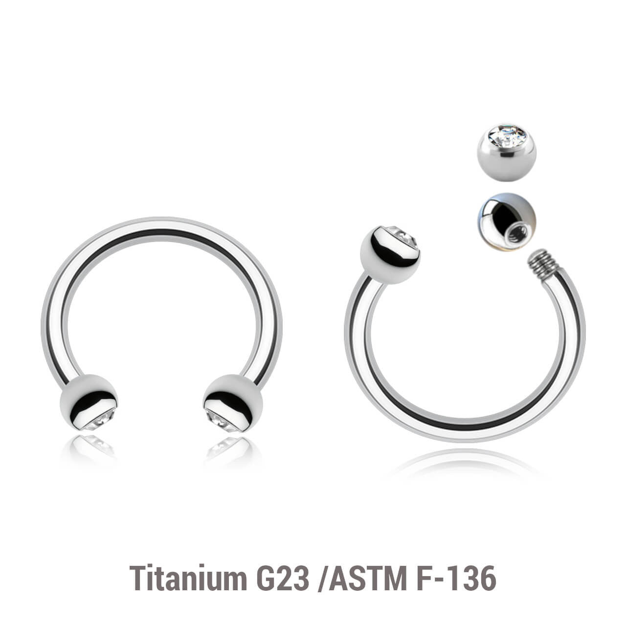 Pack of 10 Titanium circular barbells, Thickness 1.2mm, with two 2.5mm bezel set crystal balls