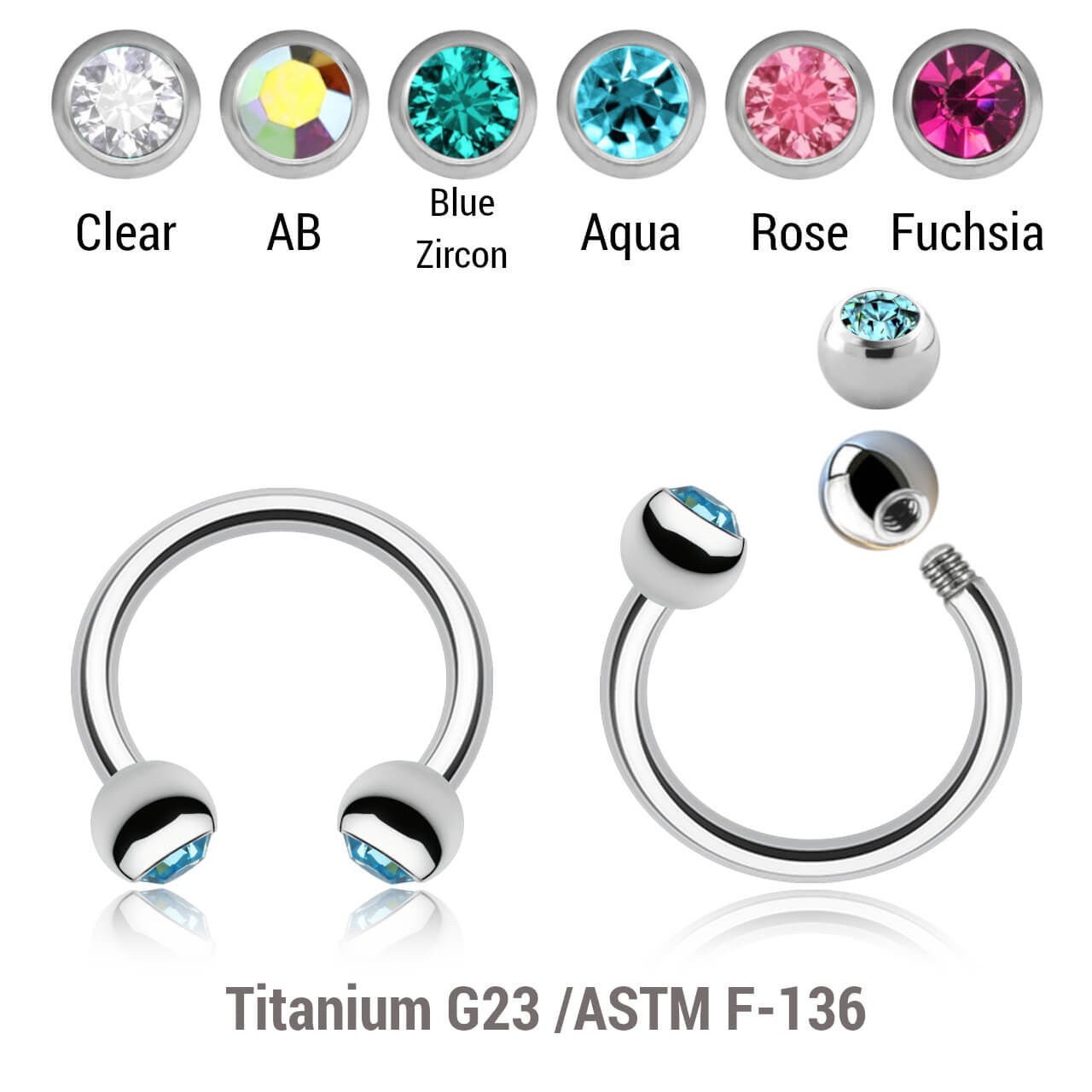Pack of 10 Titanium circular barbells, Thickness 1.2mm, with two 3mm bezel set crystal balls