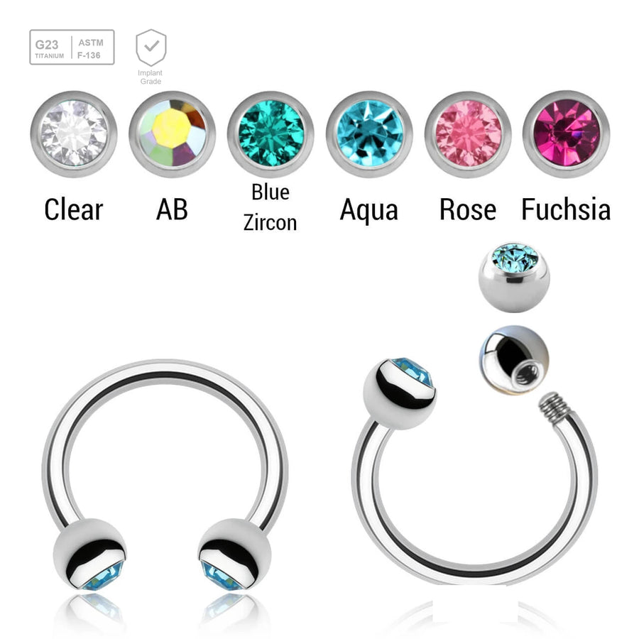 Pack of 10 Titanium circular barbells, Thickness 1.2mm, with two 3mm bezel set crystal balls - G23 ASTM F-136 implant grade titanium body jewelry