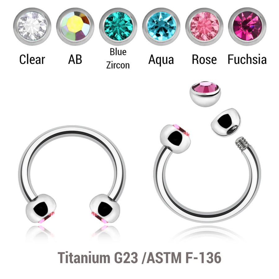 Pack of 10 Titanium circular barbells, Thickness 1.2mm, with two 3mm half balls with a bezel set crystal