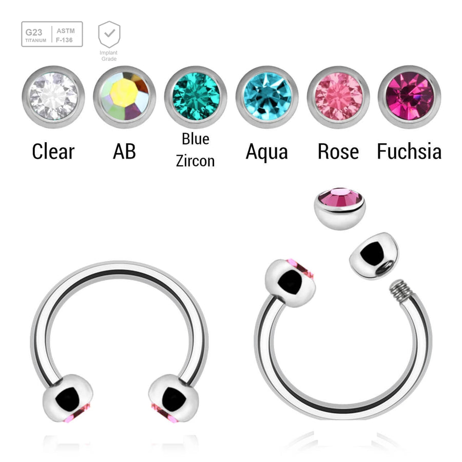 Pack of 10 Titanium circular barbells, Thickness 1.2mm, with two 3mm half balls with a bezel set crystal - G23 ASTM F-136 implant grade titanium body jewelry