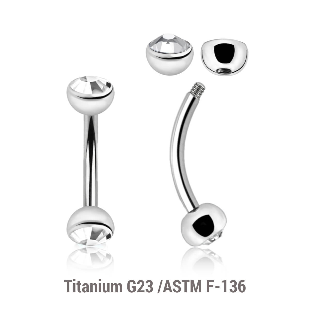 Pack of 10 Titanium eyebrow bananas, Thickness 1.2mm, with two 4mm half balls with a bezel set crystal