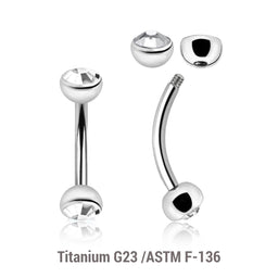 Pack of 10 Titanium eyebrow bananas, Thickness 1.2mm, with two 4mm half balls with a bezel set crystal