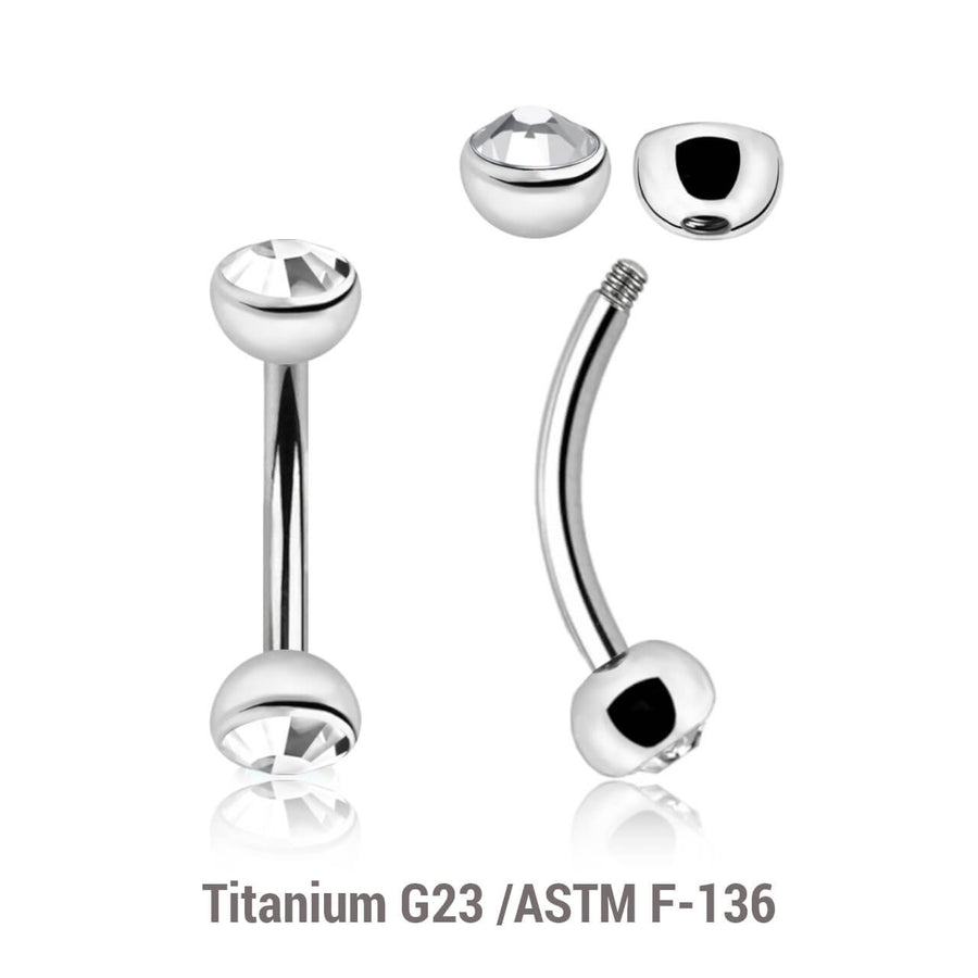 Pack of 10 Titanium eyebrow bananas, Thickness 1.2mm, with two 4mm half balls with a bezel set crystal