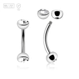 Pack of 10 Titanium eyebrow bananas, Thickness 1.2mm, with two 4mm half balls with a bezel set crystal - G23 ASTM F-136 implant grade titanium body jewelry