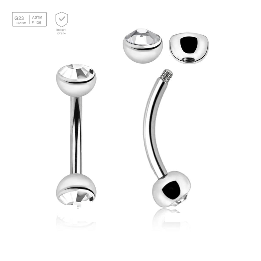 Pack of 10 Titanium eyebrow bananas, Thickness 1.2mm, with two 4mm half balls with a bezel set crystal - G23 ASTM F-136 implant grade titanium body jewelry