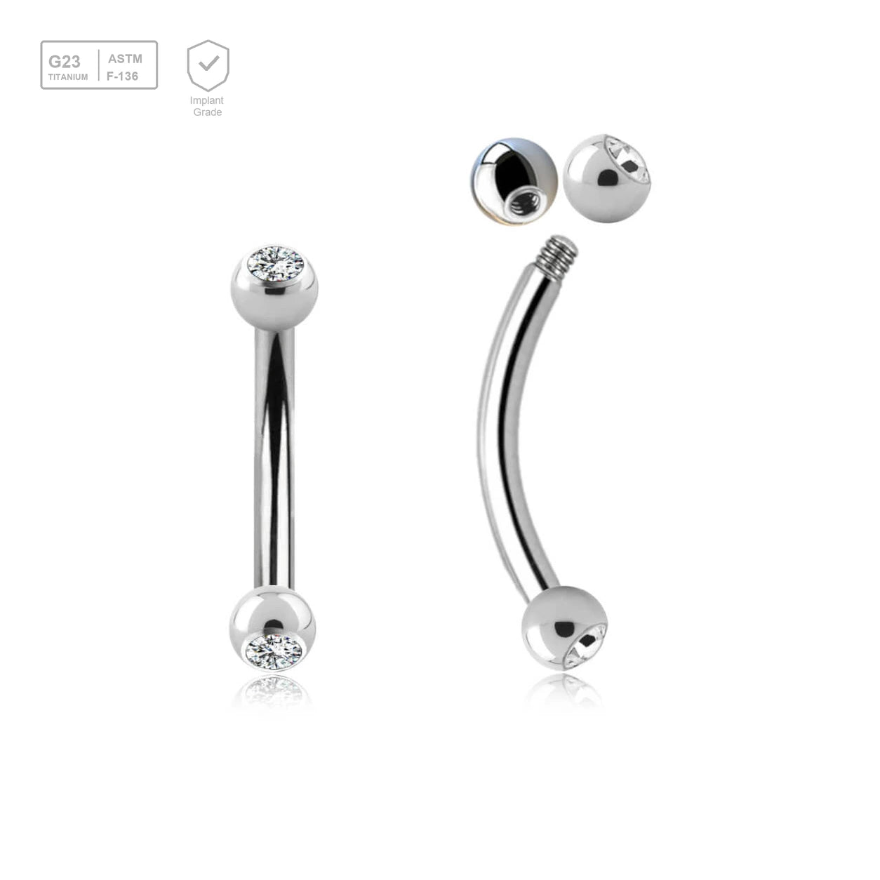 Pack of 10 Titanium eyebrow bananas, Thickness 1.2mm, with two 2.5mm bezel set crystal balls - G23 ASTM F-136 implant grade titanium body jewelry