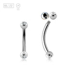 Pack of 10 Titanium eyebrow bananas, Thickness 1.2mm, with two 2.5mm bezel set crystal balls - G23 ASTM F-136 implant grade titanium body jewelry