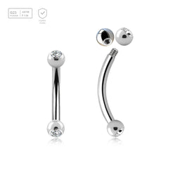 Pack of 10 Titanium eyebrow bananas, Thickness 1.2mm, with two 2.5mm bezel set crystal balls - G23 ASTM F-136 implant grade titanium body jewelry