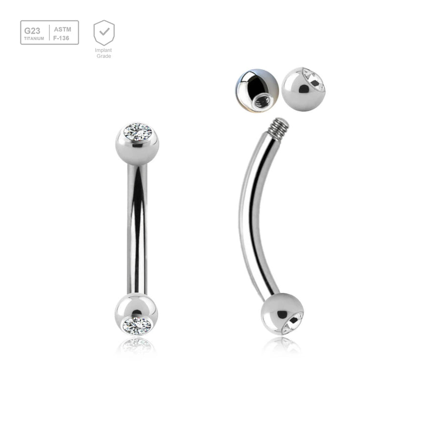 Pack of 10 Titanium eyebrow bananas, Thickness 1.2mm, with two 2.5mm bezel set crystal balls - G23 ASTM F-136 implant grade titanium body jewelry