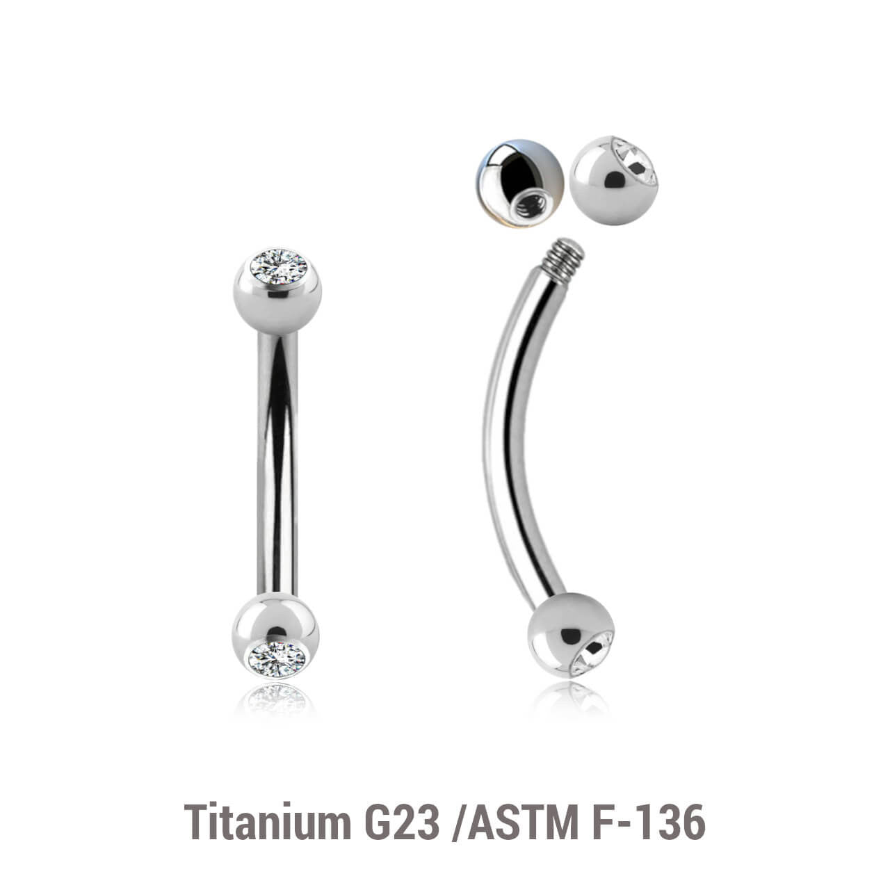 Pack of 10 Titanium eyebrow bananas, Thickness 1.2mm, with two 2.5mm bezel set crystal balls