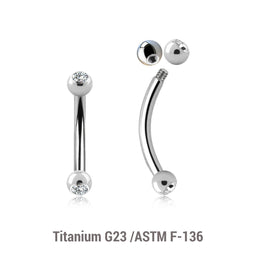 Pack of 10 Titanium eyebrow bananas, Thickness 1.2mm, with two 2.5mm bezel set crystal balls