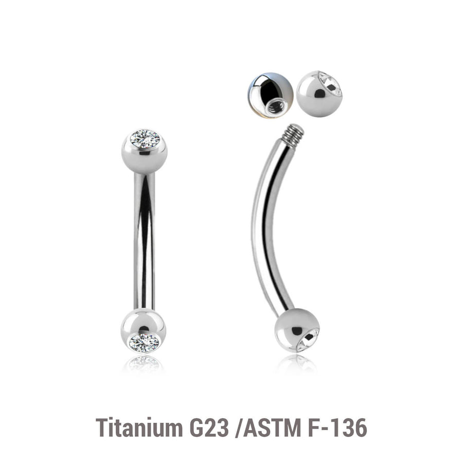 Pack of 10 Titanium eyebrow bananas, Thickness 1.2mm, with two 2.5mm bezel set crystal balls