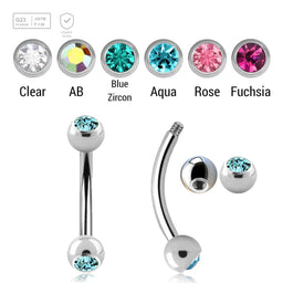 Pack of 10 Titanium eyebrow bananas, Thickness 1.2mm, with two 3mm bezel set crystal balls - G23 ASTM F-136 implant grade titanium body jewelry