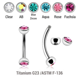 Pack of 10 Titanium eyebrow bananas, Thickness 1.2mm, with two 3mm half balls with a bezel set crystal