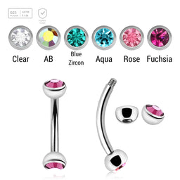 Pack of 10 Titanium eyebrow bananas, Thickness 1.2mm, with two 3mm half balls with a bezel set crystal - G23 ASTM F-136 implant grade titanium body jewelry