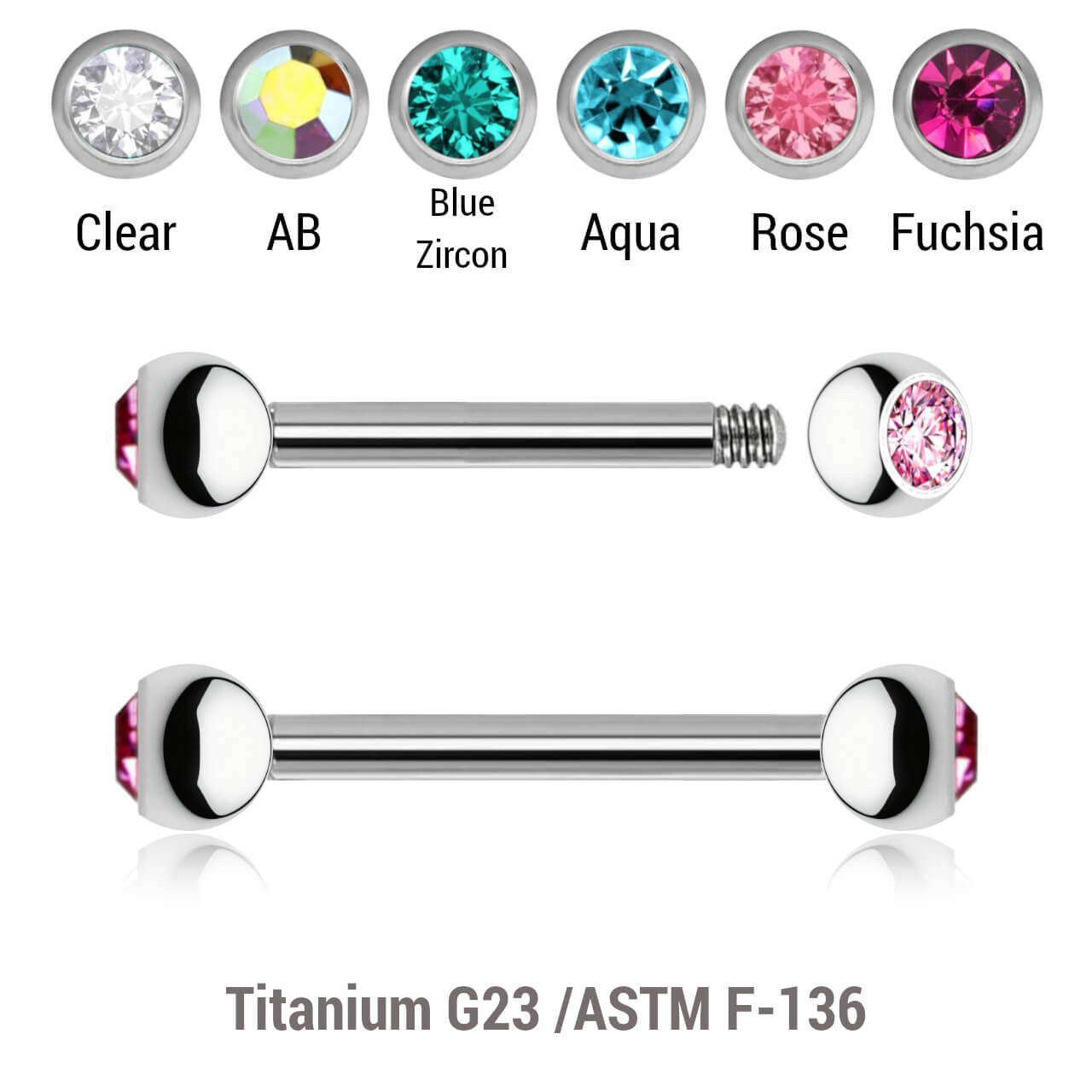 Pack of 10 Titanium eyebrow barbells, Thickness 1.2mm, with two 3mm bezel set crystal balls