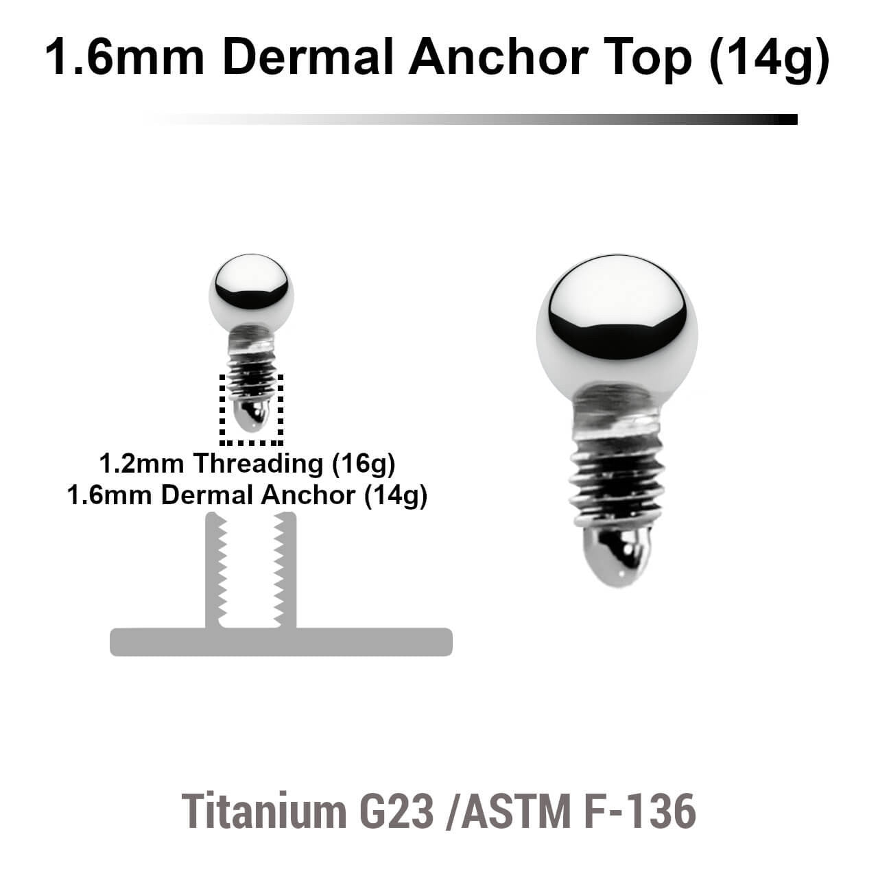 Pack of 10 high polished Titanium G23 ball shaped dermal anchor tops in size 2mm, internal thread size 1.2mm