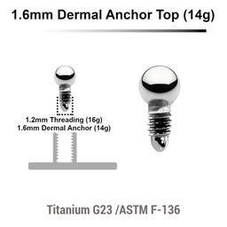 Pack of 10 high polished Titanium G23 ball shaped dermal anchor tops in size 2mm, internal thread size 1.2mm