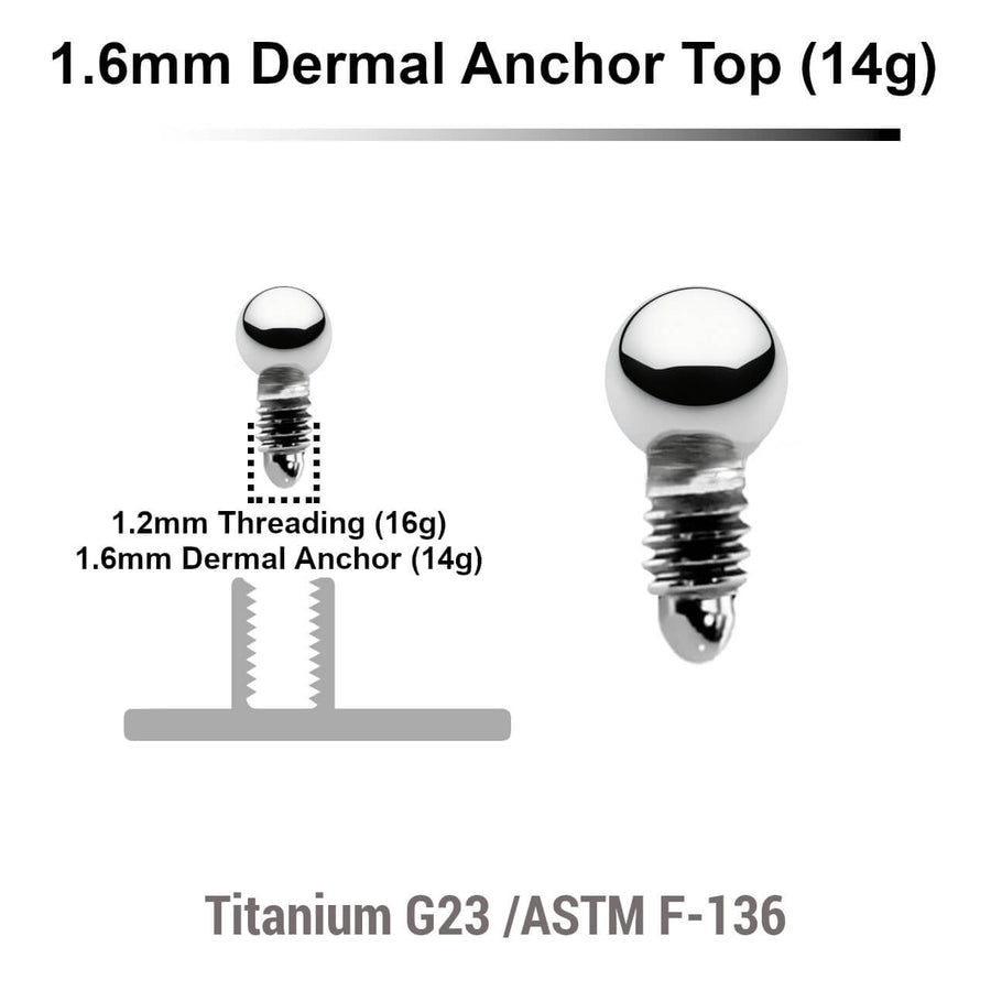 Pack of 10 high polished Titanium G23 ball shaped dermal anchor tops in size 2mm, internal thread size 1.2mm