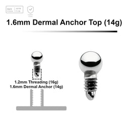 Pack of 10 high polished Titanium G23 ball shaped dermal anchor tops in size 2mm, internal thread size 1.2mm - G23 ASTM F-136 implant grade titanium body jewelry