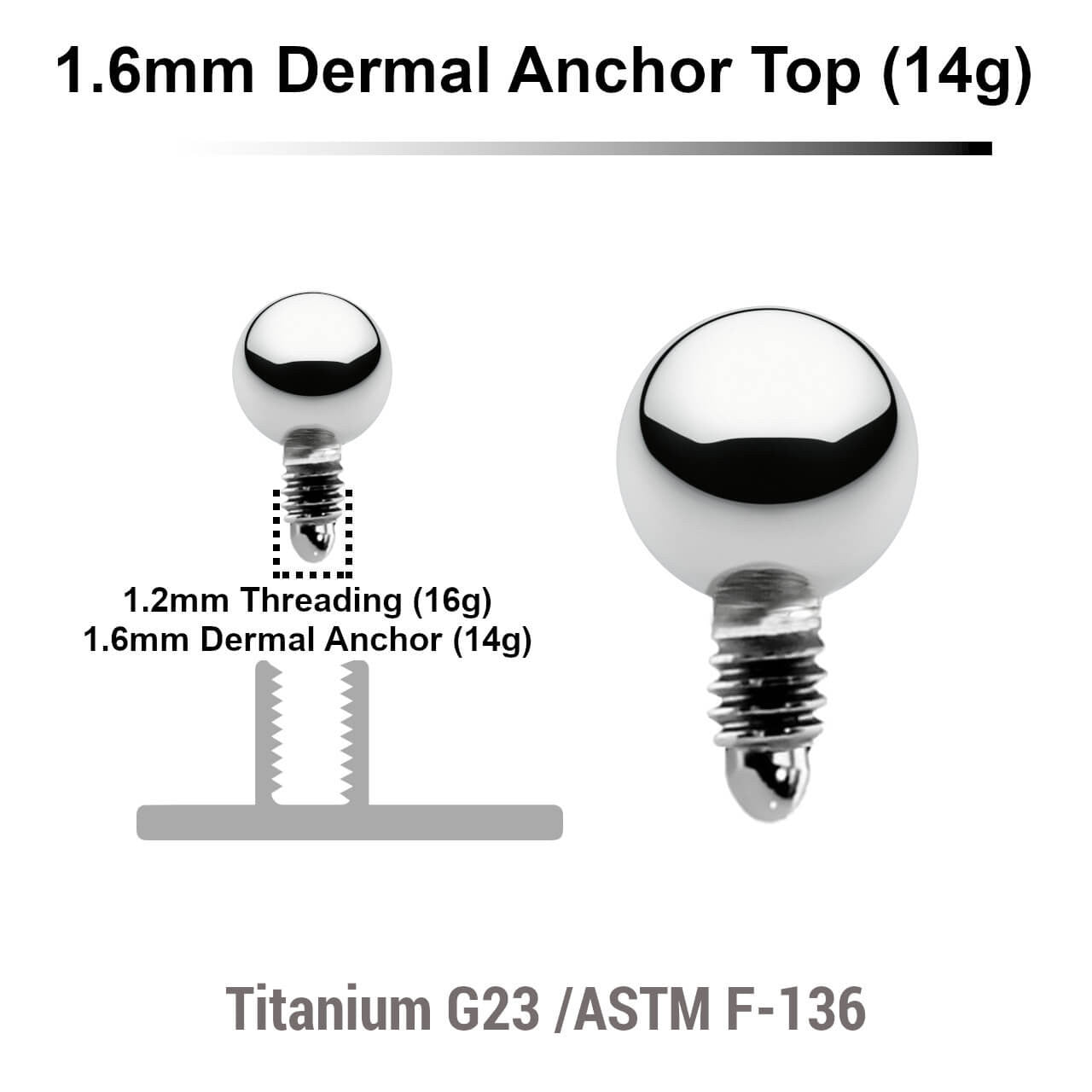 Pack of 10 high polished Titanium G23 ball shaped dermal anchor tops in size 3mm, internal thread size 1.2mm