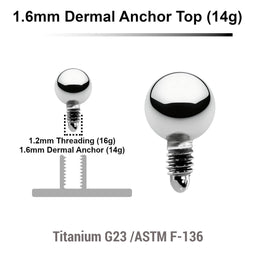 Pack of 10 high polished Titanium G23 ball shaped dermal anchor tops in size 3mm, internal thread size 1.2mm