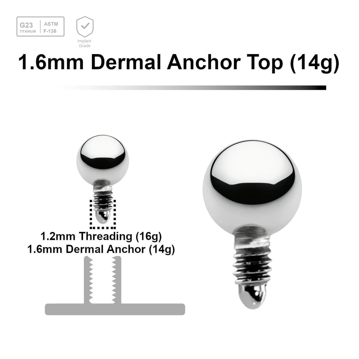 Pack of 10 high polished Titanium G23 ball shaped dermal anchor tops in size 3mm, internal thread size 1.2mm - G23 ASTM F-136 implant grade titanium body jewelry