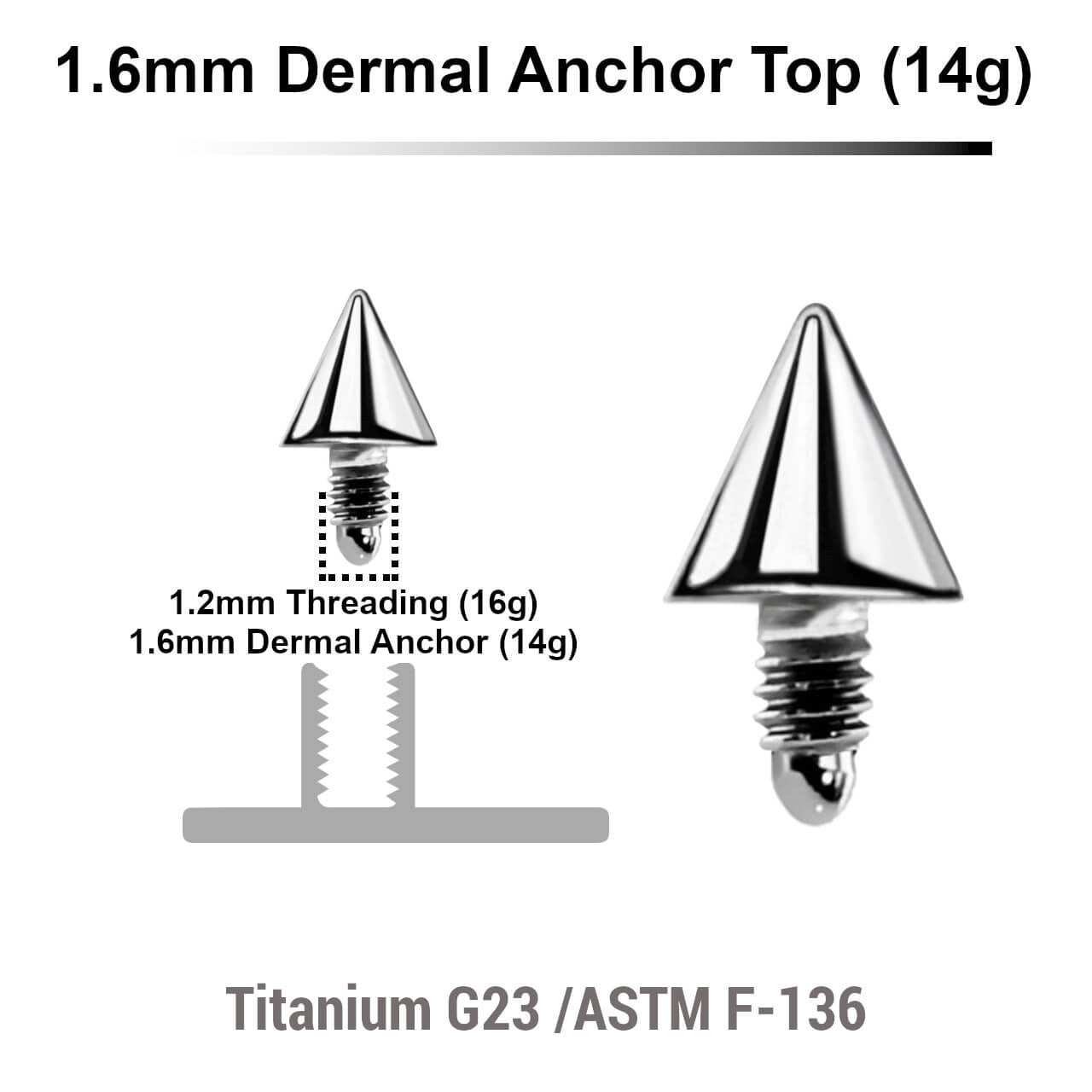 Pack of 10 high polished Titanium G23 cone shaped dermal anchor tops in size 3mm, internal thread size 1.2mm