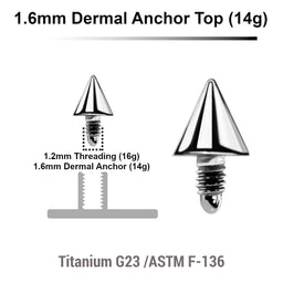 Pack of 10 high polished Titanium G23 cone shaped dermal anchor tops in size 3mm, internal thread size 1.2mm