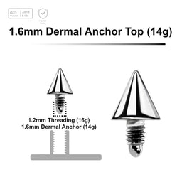 Pack of 10 high polished Titanium G23 cone shaped dermal anchor tops in size 3mm, internal thread size 1.2mm - G23 ASTM F-136 implant grade titanium body jewelry