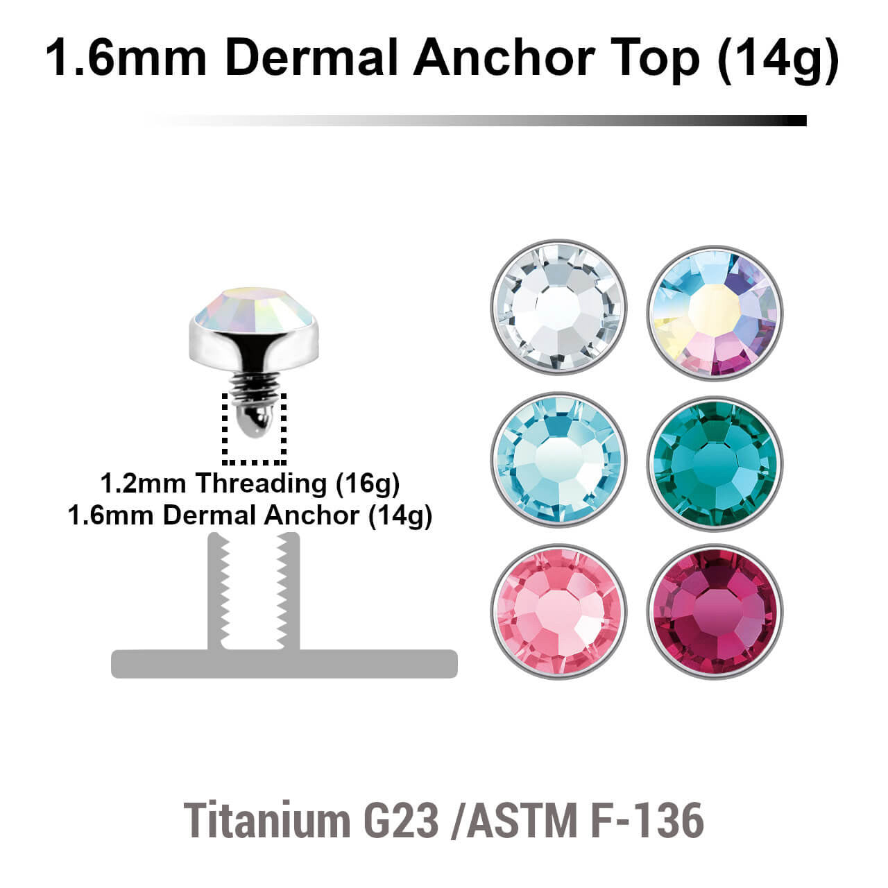 Pack of 10 high polished Titanium G23 flat disk dermal anchor tops with bezel set crystal, size 3mm, internal thread size 1.2mm